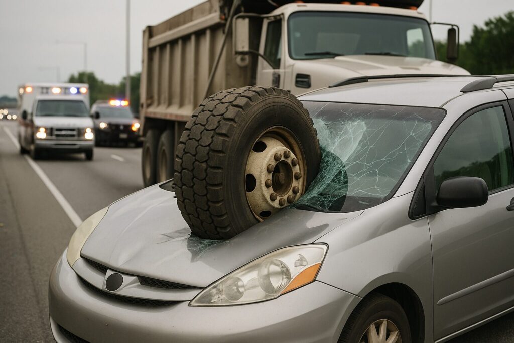 dump truck wheel impacts passenger vehicle